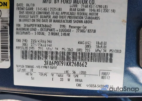2019 Ford Fusion Se z USA, uszkodzony, nr VIN 3FA6P0T91KR268662